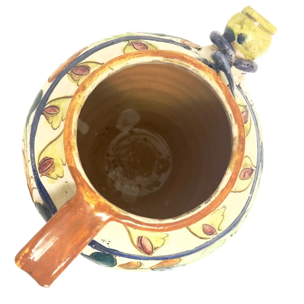 Vintage Italian Maiolica Pottery Ewer Pitcher Hand Painted Folk Art Vase Italy